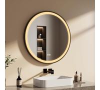 EMKE Miroir de Salle de Bain Rond 80 cm, Miroir de Salle de Bain avec éclairage, avec Interrupteur Tactile, 3 Couleurs de lumière Variable, Cadre Noir et bandoulière réglable