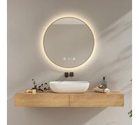 EMKE Miroir de Salle de Bain Rond avec eclairage, Cadre Doré,70 cm,Horloge