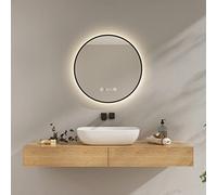 EMKE Miroir de Salle de Bain Rond avec eclairage, Cadre Noir,60 cm,Horloge