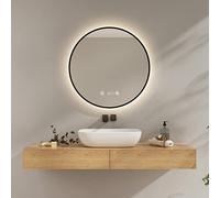 EMKE Miroir de Salle de Bain Rond avec eclairage, Diamètre 70 cm, Miroir de Salle de Bain Cadre Noire avec Interrupteur Tactile, Anti-buée, Horloge, Température, Dimmable, Éclairage Neutre