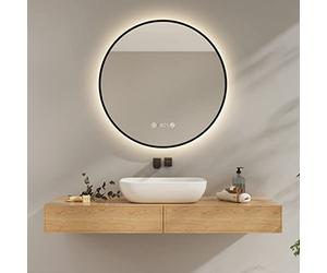 EMKE Miroir de Salle de Bain Rond avec eclairage, Diamètre 80 cm, Miroir de Salle de Bain Cadre Noire avec Interrupteur Tactile, Anti-buée, Horloge, Température, Dimmable, Éclairage Neutre