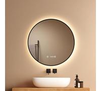 EMKE Miroir de Salle de Bains Rond 60 cm,Cadre Noir Cuivré Brossé, LED Tactile Dimmable 4300 K, Anti-buée Indépendant, Horloge/Température, Mémoire & Arrêt Auto 3h, IP44