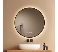 EMKE Miroir de Salle de Bains Rond 70 cm,Cadre Noir Cuivré Brossé, LED Tactile Dimmable 4300 K, Anti-buée Indépendant, Horloge/Température, Mémoire & Arrêt Auto 3h, IP44