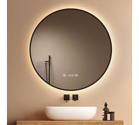 EMKE Miroir de Salle de Bains Rond 80 cm,Cadre Noir Cuivré Brossé, LED Tactile Dimmable 4300 K, Anti-buée Indépendant, Horloge/Température, Mémoire & Arrêt Auto 3h, IP44