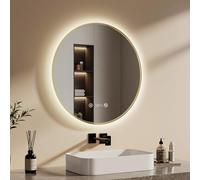 EMKE Miroir LED de Salle de Bains Rond, ø 70 cm, Cadre Doré, Anti-buée, Affichage Heure et température, lumière Neutre, intensité réglable, Miroir de Salle de Bains avec éclairage, IP 44