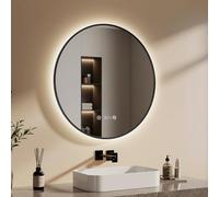 EMKE Miroir LED de Salle de Bains Rond, ø 80 cm, Cadre Noir, Anti-buée, Affichage Heure et température, lumière Neutre, intensité réglable, Miroir de Salle de Bains avec éclairage, IP 44