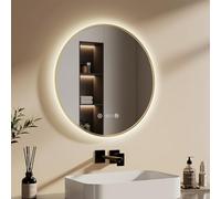 EMKE Miroir LED de Salle de Bains Rond, ø60cm, Cadre Doré, Anti-buée, Affichage Heure et température, lumière Neutre, intensité réglable, Miroir de Salle de Bains avec éclairage, IP44