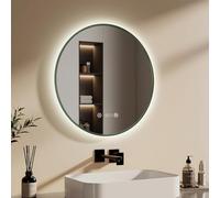 EMKE Miroir LED de Salle de Bains Rond, ø60cm, Vert foncé, Anti-buée, Affichage Heure et température, lumière Neutre, intensité réglable, Miroir de Salle de Bains avec éclairage, IP44