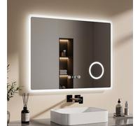 EMKE Miroir LED Salle de Bain 90 x 70 cm, 4 en 1 Miroir Salle de Bain avec eclairage Multifonctionnel, Interrupteur Tactile + Loupe 3X+Horloge+Anti-buée+Blanche Froide 6500K