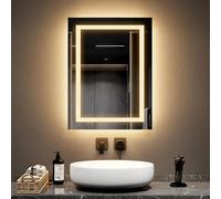 EMKE Miroir Lumineux Salle de Bain 45x60 cm avec Interrupteur à Bouton, Anti-buée, Deux Couleurs Lumière Blanche Froide 6500K/Chaude 3000K Miroir Salle de Bain avec Fonction mémoire
