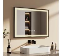 EMKE Miroir Lumineux Salle de Bain 80x60cm, Miroir Salle de Bain avec Horloge et Anti-buée et Fonction mémoire,4300K Luminosité réglable