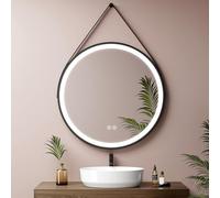 EMKE Miroir Rond LED 70 cm, Miroir Salle de Bain avec Interrupteur Tactile, Cadre Noir, Sangle en Amovible, 3 Températures de Couleur, Luminosité Ajustable, Fonction Mémoire, IP44