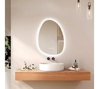 EMKE Miroir Salle de Bain Asymétrique, 65 x 45 cm, Anti-Buée, Interrupteur Tactile, Miroir Salle de Bain avec Éclairage,3 Couleurs de Lumière Dimmables, Miroir LED