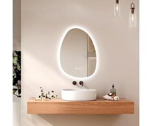 EMKE Miroir Salle de Bain Asymétrique, 65 x 45 cm, Anti-Buée, Interrupteur Tactile, Miroir Salle de Bain avec Éclairage,3 Couleurs de Lumière Dimmables, Miroir LED