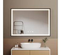 EMKE Miroir Salle de Bain avec éclairage 100x70 cm, Miroir LED de Salle de Bain avec Cadre Noir, 4300K, Anti-buée + Horloge + luminosité réglable+ Fonction mémoire,Miroir Mural