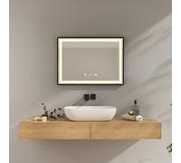 EMKE Miroir Salle Bain avec Éclairage 70x50cm Miroir Salle Bain Bord Noir LED Miroir Salle Bain avec Tactile, Anti-buée, Horloge, Température, Dimmable, Éclairage Neutre LM23ATDZ-EMKE-FR