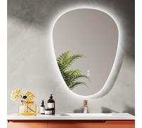 EMKE Miroir Salle de Bain avec Éclairage, 80 x 60 cm, Miroir LED Asymétrique, Interrupteur Tactile, 3 Couleurs de Lumière Réglables, Miroir Anti-Buée