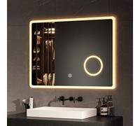 EMKE Miroir Salle de Bain LED 80 x 60 cm, avec Interrupteur Tactile + Anti-buée + Loupe 3 Fois + 3 Couleurs