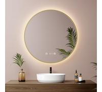 EMKE Miroir Salle de Bain Rond 60 cm, Cadre Doré,Anti-Buée,Horloge, Affichage de la Température, Miroir Lumineux Salle de Bain,4300K,Arrêt Auto 3 h,Mémoire,IP65,Miroir LED
