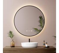 EMKE Miroir Salle de Bain Rond 60 cm,Cadre Noir,Anti-Buée,Horloge, Affichage de la Température, Miroir Lumineux Salle de Bain,4300K,Arrêt Auto 3 h,Mémoire,IP65,Miroir LED