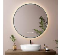 EMKE Miroir Salle de Bain Rond 70 cm, Vert foncé,Anti-Buée,Horloge, Affichage de la Température, Miroir Lumineux Salle de Bain,4300K,Arrêt Auto 3 h,Mémoire,IP65,Miroir LED