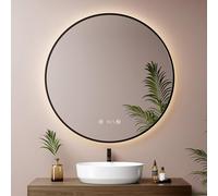 EMKE Miroir Salle de Bain Rond 80 cm,Cadre Noir,Anti-Buée,Horloge, Affichage de la Température, Miroir Lumineux Salle de Bain,4300K,Arrêt Auto 3 h,Mémoire,IP65,Miroir LED