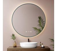 EMKE Miroir Salle de Bain Rond 80 cm, Vert Foncé, Anti-Buée, Horloge, Affichage de la Température, Miroir Lumineux Salle de Bain, 4300K, Arrêt Auto 3 h, Mémoire, IP65, Montage Mural