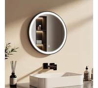 EMKE Miroir Salle de Bain Rond avec Eclairage 50 cm,Cadre Noir et bandoulière réglable,6500K Luminosité réglable,Miroir Lumineux Salle de Bain Fonction Mémoire