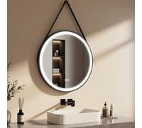 EMKE Miroir Salle de Bain Rond avec Eclairage 70 cm,Cadre Noir et bandoulière réglable,3 Couleurs de Lumière Dimmables,Miroir Lumineux Salle de Bain Fonction Mémoire