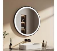 EMKE Miroir Salle de Bain Rond avec Eclairage 80 cm,Cadre Noir et bandoulière réglable,6500K Luminosité réglable,Miroir Lumineux Salle de Bain Fonction Mémoire
