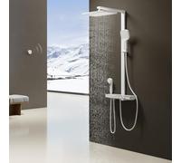 EMKE® Système de douche à effet pluie, blanc mat, 40 cm, affichage LED, étagère en verre, avec thermostat, douchette parentale et enfant, douche à effet pluie, grande taille, facile à installer