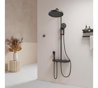 EMKE® Système de douche à effet pluie, noir mat, 40 cm, affichage LED, étagère en verre, avec thermostat, douchette parentale et enfant, douchette à effet pluie, grande taille, système de douche