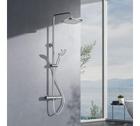 EMKE Système de douche avec thermostat 38℃, kit de douche avec 3 jets, robinetterie de salle de bains & douche, 28 cm, douche à pluie carrée Overhead, chrome