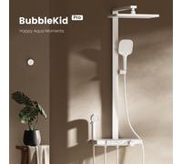 EMKE® Système de douche avec thermostat 38℃ Robinetterie de bain & douche, douche à effet pluie 40 cm tablette en verre avec douchette 3+1 parents-enfants + barre de douche, mat, blanc