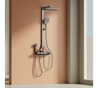 EMKE® Système de douche avec thermostat 38℃ Robinetterie de bain & douche, douche à effet pluie 40 cm tablette en verre avec 3+1 douchette parents-enfants+barre de douche, anthracite mat