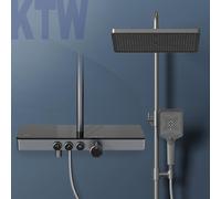 EMKE Système de douche avec thermostat 38℃ tablette en verre douchette à main avec 3 types de jets douche de pluie, panneau de douche, robinetterie de salle de bains & douche, KTW, anthracite mat F10