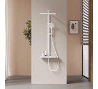 EMKE Système de douche avec thermostat - Avec pommeau de douche à effet pluie de 36 x 24 cm - Avec thermostat - Douchette à main avec 4 niveaux de jet - Avec étagère en verre - Certifié KTW - Blanc