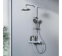 EMKE Système de Douche avec Thermostat, Chrome, Éclairage LED, Ensemble Douche à Effet Pluie avec 3 Modes de Jet, Douchette à Main + Douche de Pluie + Bec de Sortie Inférieur