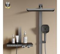 EMKE Système de douche avec thermostat, débit réglable, douche à effet pluie, 36 x 24 cm, douchette à 4 jets, barre de douche et tuyau