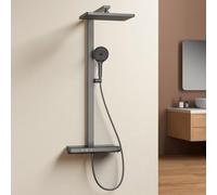 EMKE Système de douche avec thermostat - Douche à effet pluie 36 x 24 cm avec robinet, ensemble de douche avec étagère en verre de 40 cm et douchette (4 types de jets), hauteur réglable, kit complet