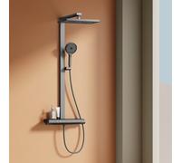 EMKE Système de Douche avec Thermostat - Douche Pluie 36 x 24 cm avec Mitigeur, Ensemble Complet avec Étagère en Verre 40 cm & Douchette (4 Jets), Anthracite Mat