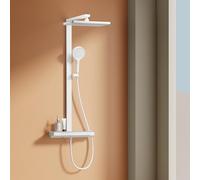 EMKE Système de Douche avec Thermostat - Douche Pluie 36 x 24 cm avec Mitigeur, Ensemble Complet avec Étagère en Verre 40 cm & Douchette (4 Jets),Blanc Mat