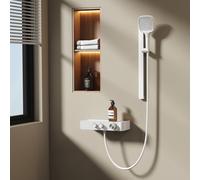 EMKE Système de douche avec thermostat en deux parties Débit d'eau réglable 3 jets Douchette à main réglable en hauteur Barre de douche avec support en verre, blanc