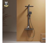 EMKE Système de douche avec thermostat, kit de douche avec douche à effet pluie de 36 x 24 cm et douchette à 4 types de jet, quantité d'eau réglable, douche à effet pluie avec robinet, certification