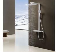 EMKE Système de douche avec thermostat, pommeau de douche à effet pluie 36x24cm, douche à effet pluie avec support en verre, douchette à main avec 4 jets, robinetterie de salle de bains & douche, blan