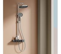 EMKE Système de douche avec thermostat, robinetterie de bain & douche, set complet avec pomme de douche effet pluie 36 x 24cm, 3 jets douchette à main barre de douche, flexible, chrome