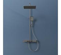 EMKE Système de douche avec thermostat, système de douche à effet pluie avec pommeau de douche 36 x 24 cm, kit de douche avec étagère en verre, kit de douche avec douchette à main, 3 types de jet
