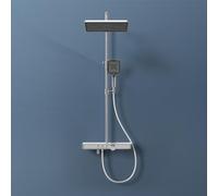 EMKE Système de douche avec thermostat, système de douche à effet pluie avec pommeau de douche 36 x 24 cm, kit de douche avec étagère en verre, kit de douche avec douchette à main, 3 types de jet