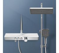 EMKE Système de douche avec thermostat tablette en verre douchette à main avec 3 types de jets douche à effet pluie, robinetterie de salle de bain & douche, certifié KTW, chrome F10