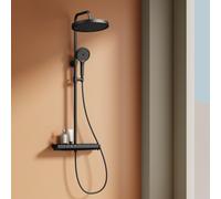 EMKE® Système de douche avec thermostat38℃, douche à effet pluie avec tablette en verre de 40 cm, robinetterie de salle de bain & douche, douchette 3 jets + bec inférieur Noir F22